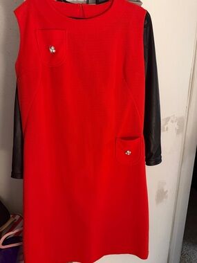 Vintage Red Dress with Black Faux-Leather Long Sleeves
